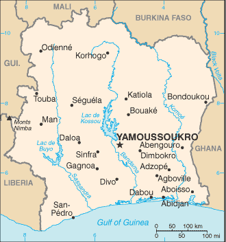Politisk kart over Elfenbenskysten