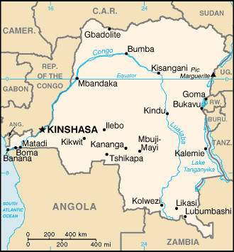 Politisk kart over Den demokratiske republikken Kongo (Kongo-Kinshasa)