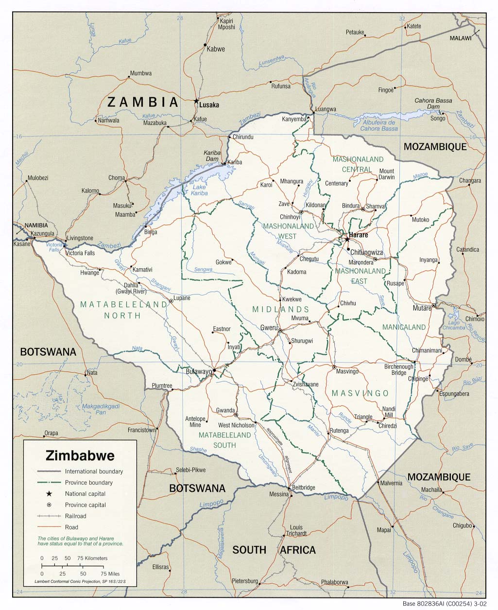 Politisk kart over Zimbabwe